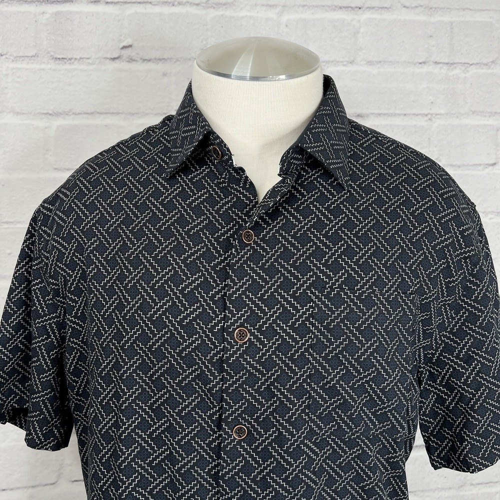 Nat Nast Mens Large Shirt Black Silk Blend Geometric Print Resort Wear Hawaiian